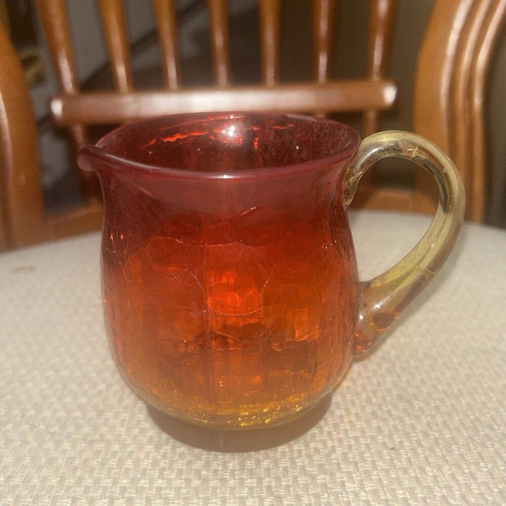 Vintage Amberina Crackle Glass Creamer Red Amber Hand Blown Small Pitcher